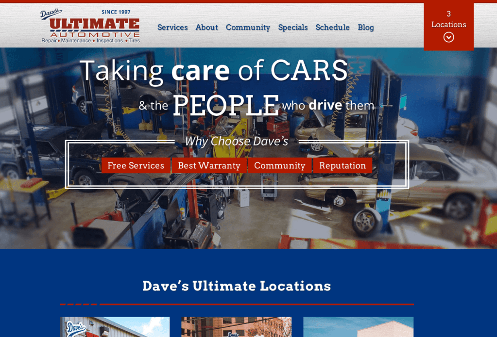Screenshot of an auto repair website design with professional photography